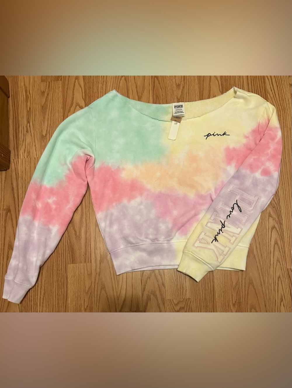 VS Pink Rainbow Tie Dye Freya Off the Shoulder Sweatshirt S NWT